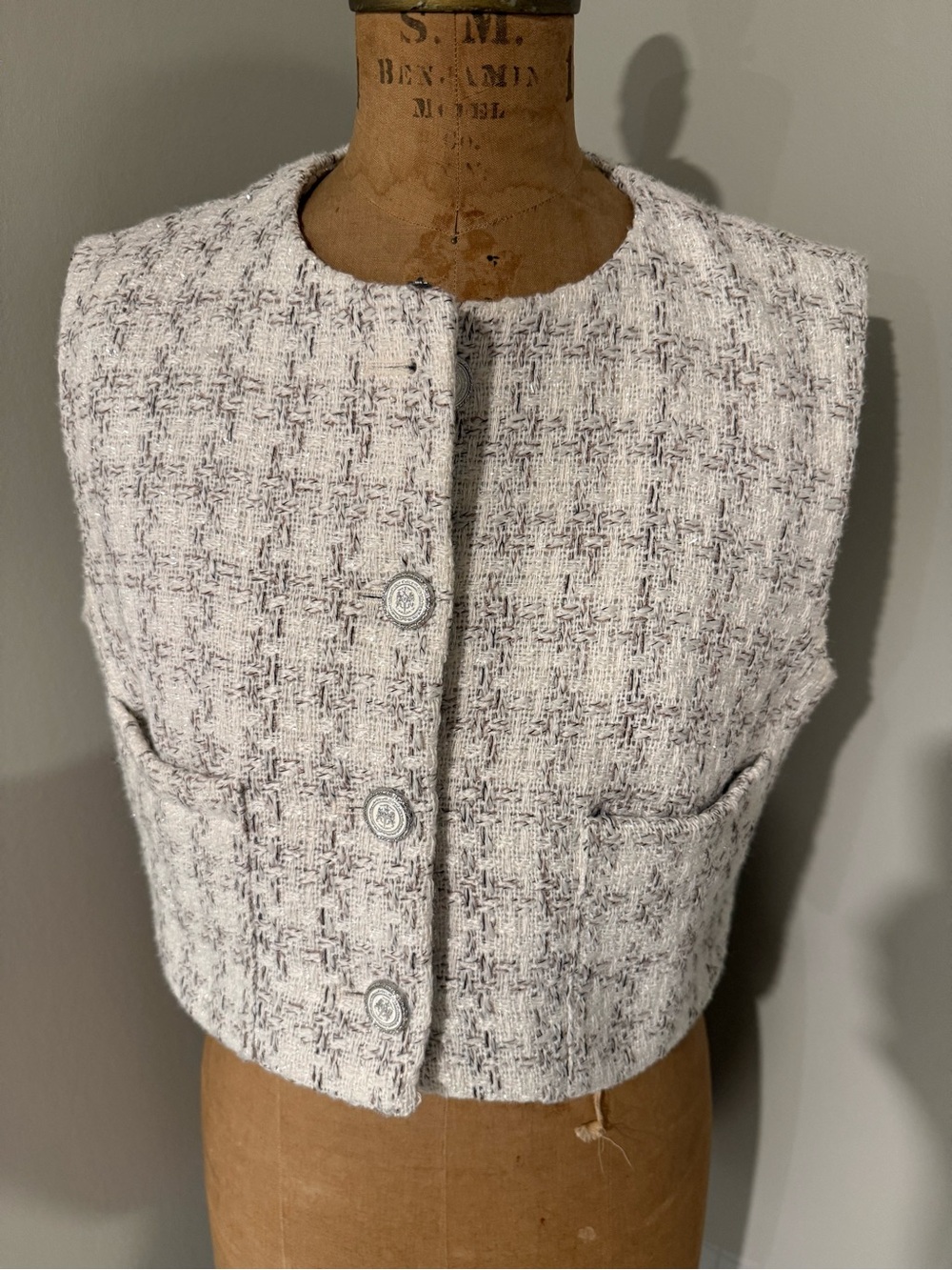 Zara Textured Tweed Cropped Vest - White Gray